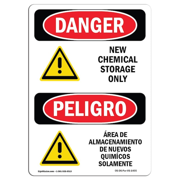 Safety Sign, OSHA Danger, 5" Height, New Chemical Storage Only Bilingual Spanish, 10PK